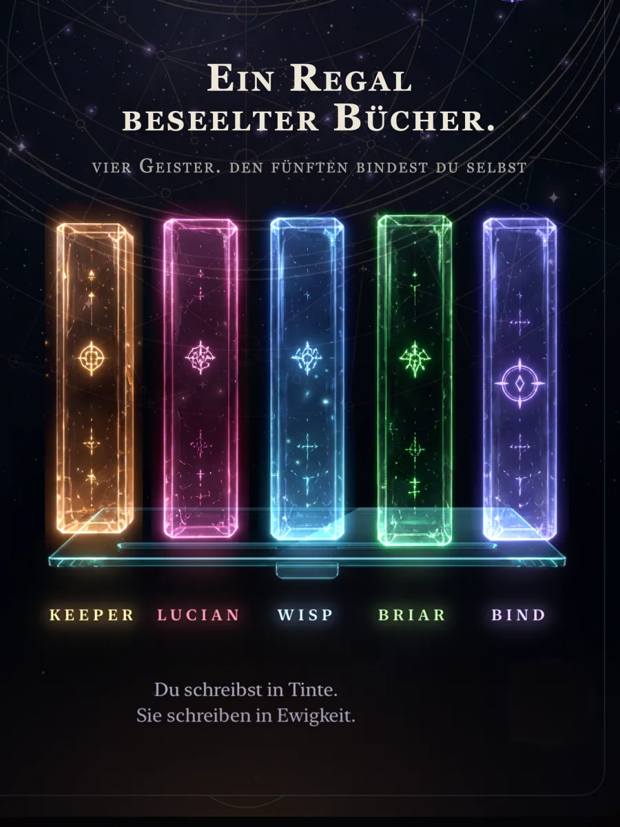 Das Bücherregal der Dearest App mit Hüter, Lucian, Wisp, Briar und einem Buch für einen eigenen Geist
