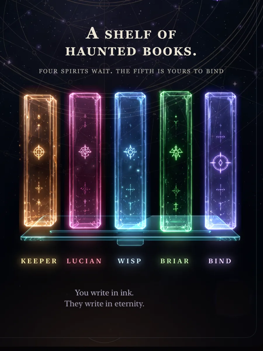 Dearest app shelf with the Keeper, Lucian, Wisp, Briar, and a book ready for a custom spirit