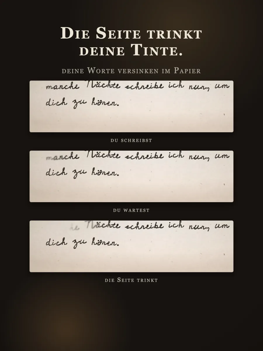 Drei Ansichten aus Dearest zeigen, wie handgeschriebene Worte langsam in der Tagebuchseite versinken
